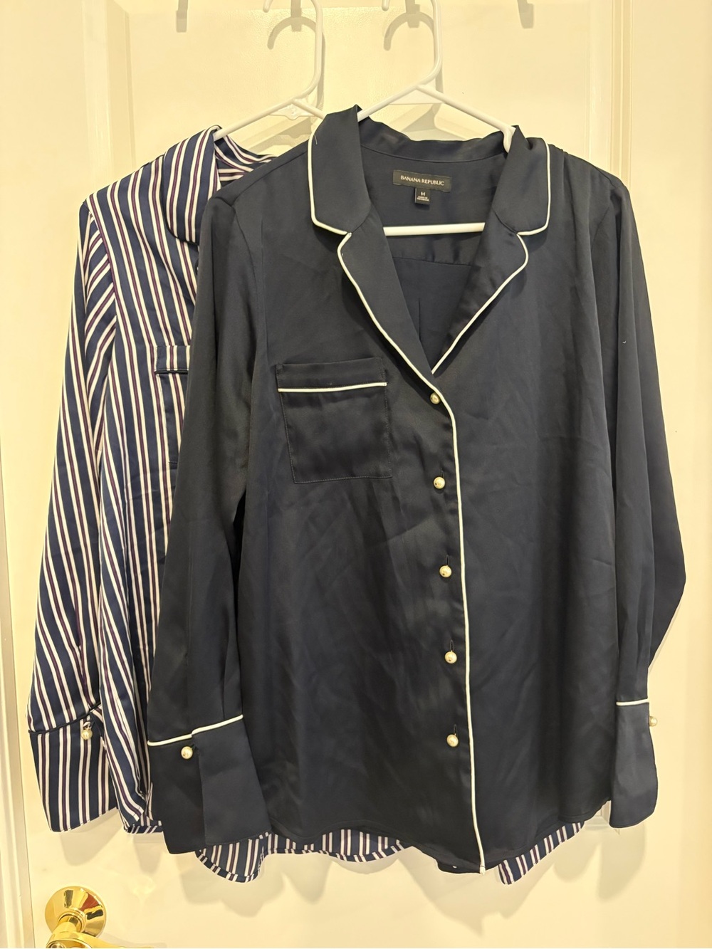 Banana Republic Pajama Top Set of 2 Black & Striped Pearl Button Women’s M